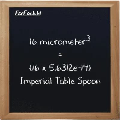 How to convert micrometer<sup>3</sup> to Imperial Table Spoon: 16 micrometer<sup>3</sup> (µm<sup>3</sup>) is equivalent to 16 times 5.6312e-14 Imperial Table Spoon (imp tbsp)