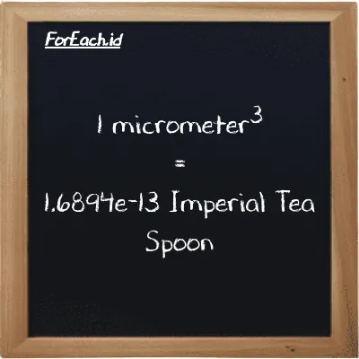 1 micrometer<sup>3</sup> is equivalent to 1.6894e-13 Imperial Tea Spoon (1 µm<sup>3</sup> is equivalent to 1.6894e-13 imp tsp)