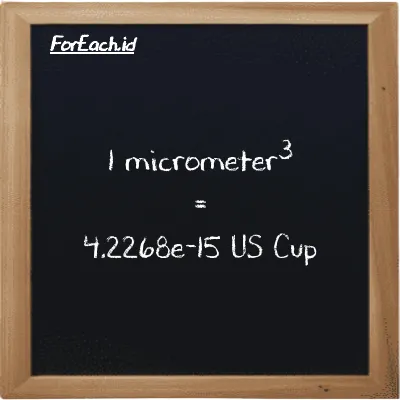 1 micrometer<sup>3</sup> is equivalent to 4.2268e-15 US Cup (1 µm<sup>3</sup> is equivalent to 4.2268e-15 c)