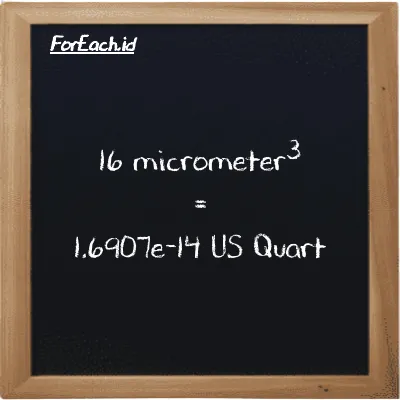 16 micrometer<sup>3</sup> is equivalent to 1.6907e-14 US Quart (16 µm<sup>3</sup> is equivalent to 1.6907e-14 qt)