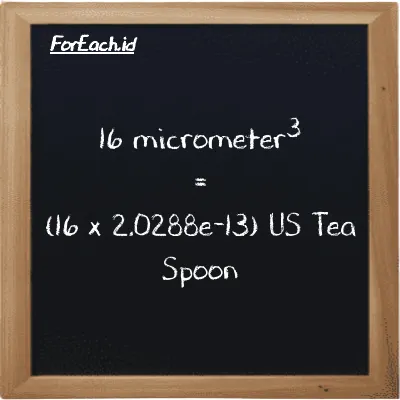 How to convert micrometer<sup>3</sup> to US Tea Spoon: 16 micrometer<sup>3</sup> (µm<sup>3</sup>) is equivalent to 16 times 2.0288e-13 US Tea Spoon (tsp)