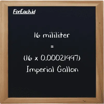 How to convert milliliter to Imperial Gallon: 16 milliliter (ml) is equivalent to 16 times 0.00021997 Imperial Gallon (imp gal)