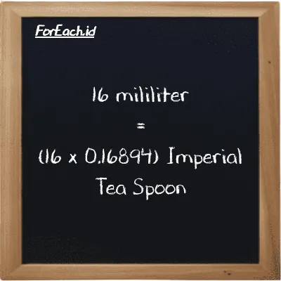 How to convert milliliter to Imperial Tea Spoon: 16 milliliter (ml) is equivalent to 16 times 0.16894 Imperial Tea Spoon (imp tsp)