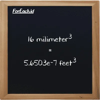 16 millimeter<sup>3</sup> is equivalent to 5.6503e-7 feet<sup>3</sup> (16 mm<sup>3</sup> is equivalent to 5.6503e-7 ft<sup>3</sup>)