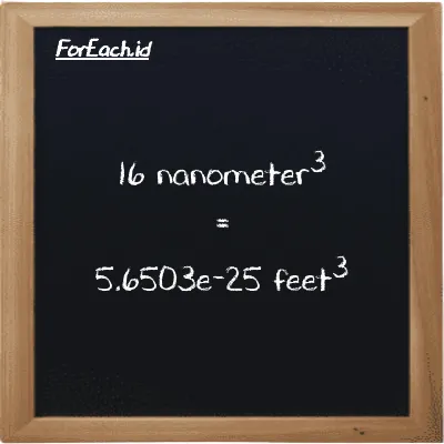 16 nanometer<sup>3</sup> is equivalent to 5.6503e-25 feet<sup>3</sup> (16 nm<sup>3</sup> is equivalent to 5.6503e-25 ft<sup>3</sup>)