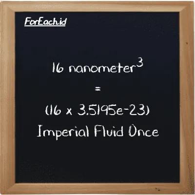 How to convert nanometer<sup>3</sup> to Imperial Fluid Once: 16 nanometer<sup>3</sup> (nm<sup>3</sup>) is equivalent to 16 times 3.5195e-23 Imperial Fluid Once (imp fl oz)