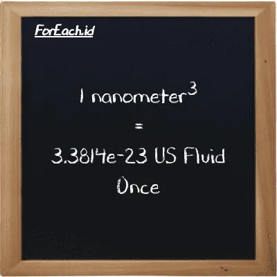 1 nanometer<sup>3</sup> is equivalent to 3.3814e-23 US Fluid Once (1 nm<sup>3</sup> is equivalent to 3.3814e-23 fl oz)