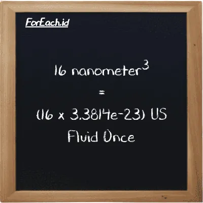 How to convert nanometer<sup>3</sup> to US Fluid Once: 16 nanometer<sup>3</sup> (nm<sup>3</sup>) is equivalent to 16 times 3.3814e-23 US Fluid Once (fl oz)