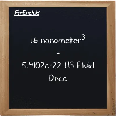 16 nanometer<sup>3</sup> is equivalent to 5.4102e-22 US Fluid Once (16 nm<sup>3</sup> is equivalent to 5.4102e-22 fl oz)