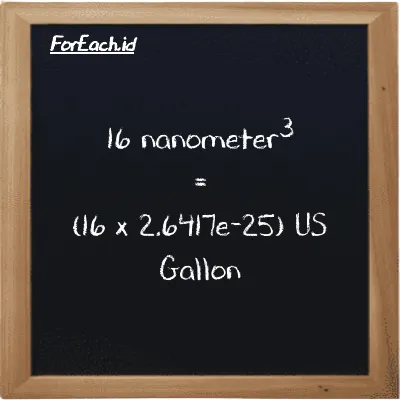 How to convert nanometer<sup>3</sup> to US Gallon: 16 nanometer<sup>3</sup> (nm<sup>3</sup>) is equivalent to 16 times 2.6417e-25 US Gallon (gal)