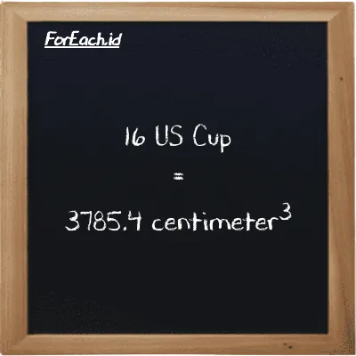 16 US Cup is equivalent to 3785.4 centimeter<sup>3</sup> (16 c is equivalent to 3785.4 cm<sup>3</sup>)