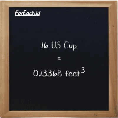16 US Cup is equivalent to 0.13368 feet<sup>3</sup> (16 c is equivalent to 0.13368 ft<sup>3</sup>)