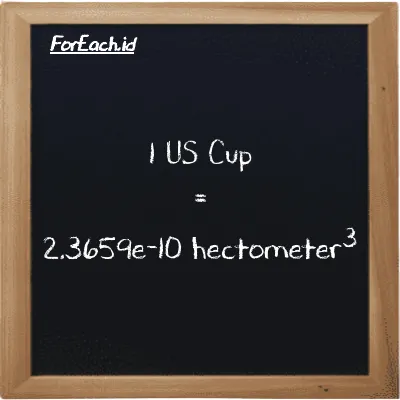 1 US Cup is equivalent to 2.3659e-10 hectometer<sup>3</sup> (1 c is equivalent to 2.3659e-10 hm<sup>3</sup>)