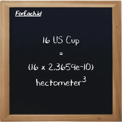 How to convert US Cup to hectometer<sup>3</sup>: 16 US Cup (c) is equivalent to 16 times 2.3659e-10 hectometer<sup>3</sup> (hm<sup>3</sup>)