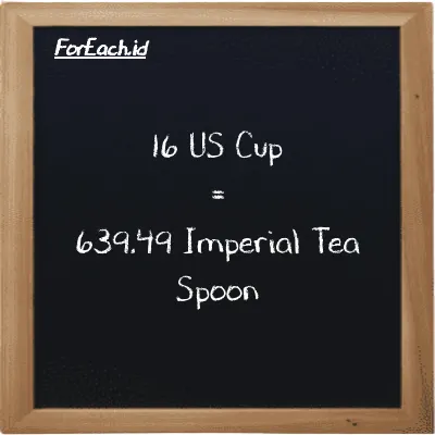 16 US Cup is equivalent to 639.49 Imperial Tea Spoon (16 c is equivalent to 639.49 imp tsp)