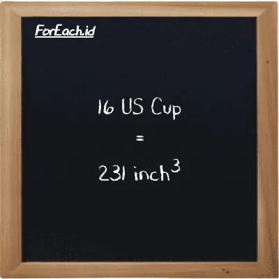 16 US Cup is equivalent to 231 inch<sup>3</sup> (16 c is equivalent to 231 in<sup>3</sup>)