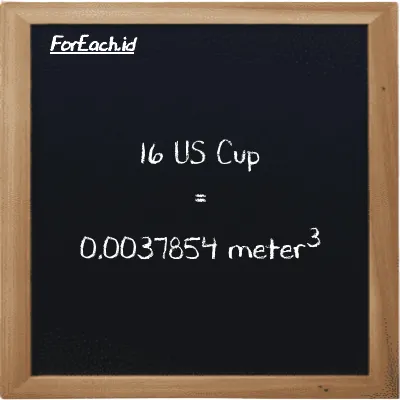 16 US Cup is equivalent to 0.0037854 meter<sup>3</sup> (16 c is equivalent to 0.0037854 m<sup>3</sup>)