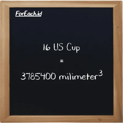 16 US Cup is equivalent to 3785400 millimeter<sup>3</sup> (16 c is equivalent to 3785400 mm<sup>3</sup>)
