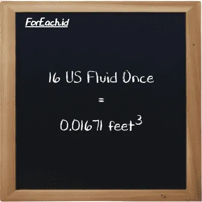 16 US Fluid Once is equivalent to 0.01671 feet<sup>3</sup> (16 fl oz is equivalent to 0.01671 ft<sup>3</sup>)