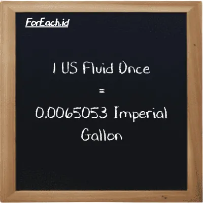 1 US Fluid Once is equivalent to 0.0065053 Imperial Gallon (1 fl oz is equivalent to 0.0065053 imp gal)
