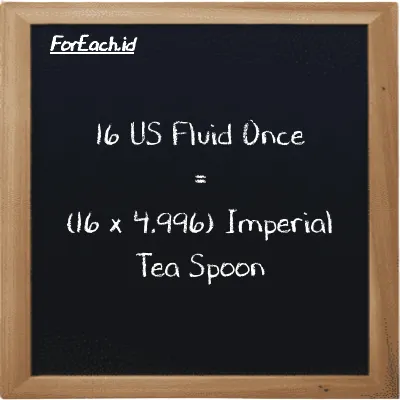 How to convert US Fluid Once to Imperial Tea Spoon: 16 US Fluid Once (fl oz) is equivalent to 16 times 4.996 Imperial Tea Spoon (imp tsp)