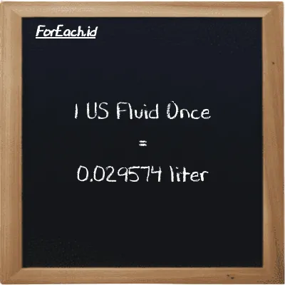 1 US Fluid Once is equivalent to 0.029574 liter (1 fl oz is equivalent to 0.029574 l)