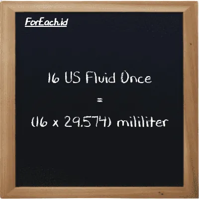 How to convert US Fluid Once to milliliter: 16 US Fluid Once (fl oz) is equivalent to 16 times 29.574 milliliter (ml)