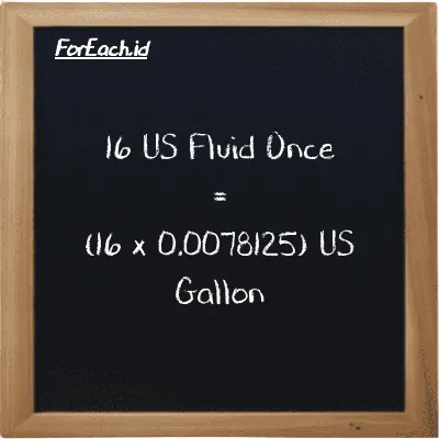 How to convert US Fluid Once to US Gallon: 16 US Fluid Once (fl oz) is equivalent to 16 times 0.0078125 US Gallon (gal)