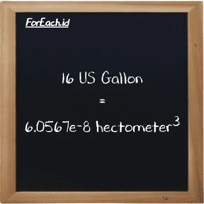 16 US Gallon is equivalent to 6.0567e-8 hectometer<sup>3</sup> (16 gal is equivalent to 6.0567e-8 hm<sup>3</sup>)