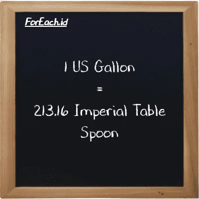 1 US Gallon is equivalent to 213.16 Imperial Table Spoon (1 gal is equivalent to 213.16 imp tbsp)