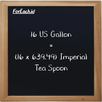 How to convert US Gallon to Imperial Tea Spoon: 16 US Gallon (gal) is equivalent to 16 times 639.49 Imperial Tea Spoon (imp tsp)
