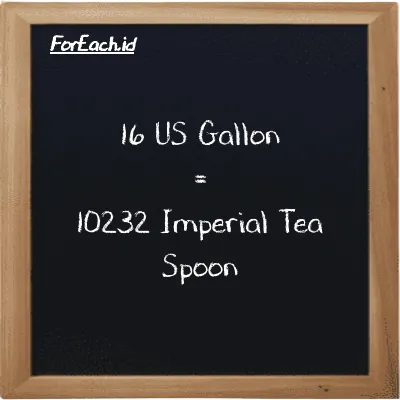 16 US Gallon is equivalent to 10232 Imperial Tea Spoon (16 gal is equivalent to 10232 imp tsp)