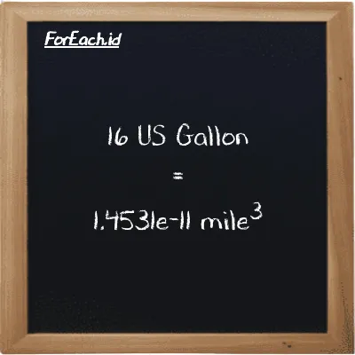 16 US Gallon is equivalent to 1.4531e-11 mile<sup>3</sup> (16 gal is equivalent to 1.4531e-11 mi<sup>3</sup>)