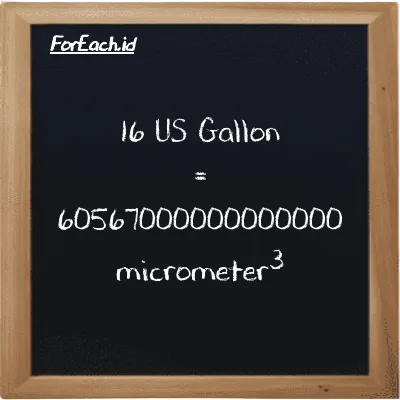 16 US Gallon is equivalent to 60567000000000000 micrometer<sup>3</sup> (16 gal is equivalent to 60567000000000000 µm<sup>3</sup>)