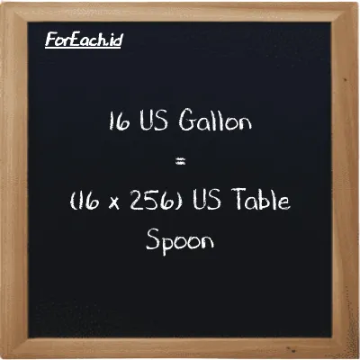 How to convert US Gallon to US Table Spoon: 16 US Gallon (gal) is equivalent to 16 times 256 US Table Spoon (tbsp)