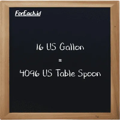 16 US Gallon is equivalent to 4096 US Table Spoon (16 gal is equivalent to 4096 tbsp)