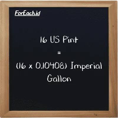 How to convert US Pint to Imperial Gallon: 16 US Pint (pt) is equivalent to 16 times 0.10408 Imperial Gallon (imp gal)
