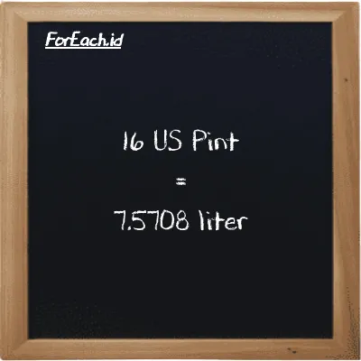 16 US Pint is equivalent to 7.5708 liter (16 pt is equivalent to 7.5708 l)