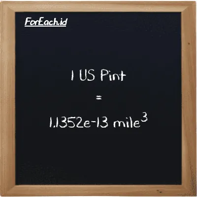1 US Pint is equivalent to 1.1352e-13 mile<sup>3</sup> (1 pt is equivalent to 1.1352e-13 mi<sup>3</sup>)