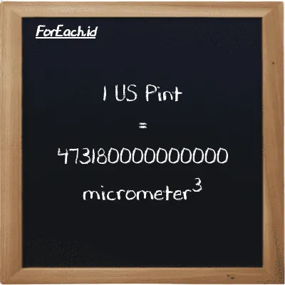 1 US Pint is equivalent to 473180000000000 micrometer<sup>3</sup> (1 pt is equivalent to 473180000000000 µm<sup>3</sup>)