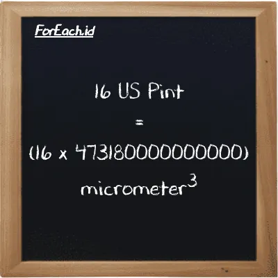 How to convert US Pint to micrometer<sup>3</sup>: 16 US Pint (pt) is equivalent to 16 times 473180000000000 micrometer<sup>3</sup> (µm<sup>3</sup>)