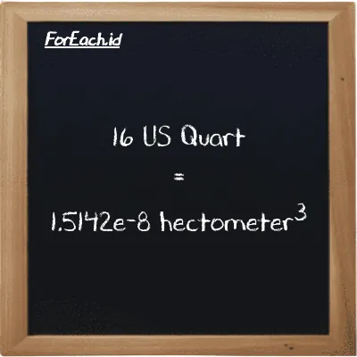16 US Quart is equivalent to 1.5142e-8 hectometer<sup>3</sup> (16 qt is equivalent to 1.5142e-8 hm<sup>3</sup>)