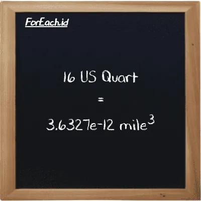 16 US Quart is equivalent to 3.6327e-12 mile<sup>3</sup> (16 qt is equivalent to 3.6327e-12 mi<sup>3</sup>)