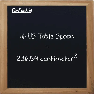 16 US Table Spoon is equivalent to 236.59 centimeter<sup>3</sup> (16 tbsp is equivalent to 236.59 cm<sup>3</sup>)
