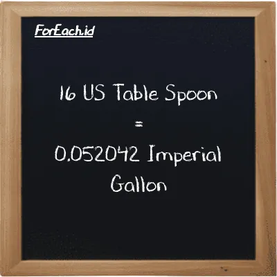 16 US Table Spoon is equivalent to 0.052042 Imperial Gallon (16 tbsp is equivalent to 0.052042 imp gal)