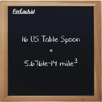 16 US Table Spoon is equivalent to 5.6761e-14 mile<sup>3</sup> (16 tbsp is equivalent to 5.6761e-14 mi<sup>3</sup>)