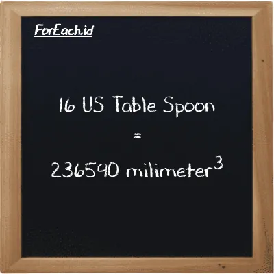 16 US Table Spoon is equivalent to 236590 millimeter<sup>3</sup> (16 tbsp is equivalent to 236590 mm<sup>3</sup>)