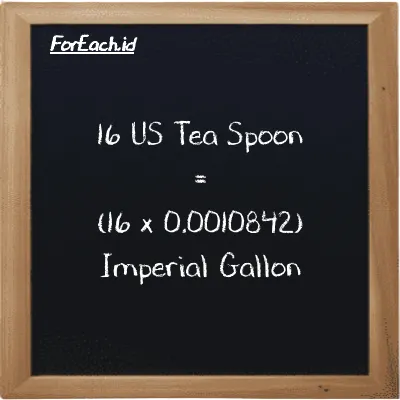 How to convert US Tea Spoon to Imperial Gallon: 16 US Tea Spoon (tsp) is equivalent to 16 times 0.0010842 Imperial Gallon (imp gal)