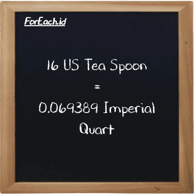 16 US Tea Spoon is equivalent to 0.069389 Imperial Quart (16 tsp is equivalent to 0.069389 imp qt)