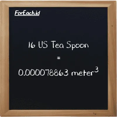16 US Tea Spoon is equivalent to 0.000078863 meter<sup>3</sup> (16 tsp is equivalent to 0.000078863 m<sup>3</sup>)